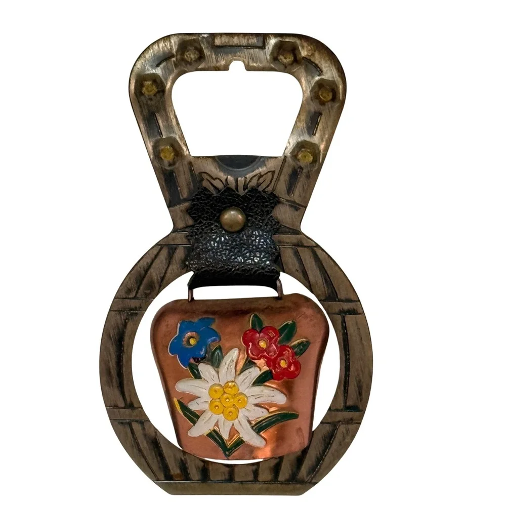 Vintage‎ Alpine Souvenir Bottle Opener with Hand Painted Edelweiss Cowbell Metal